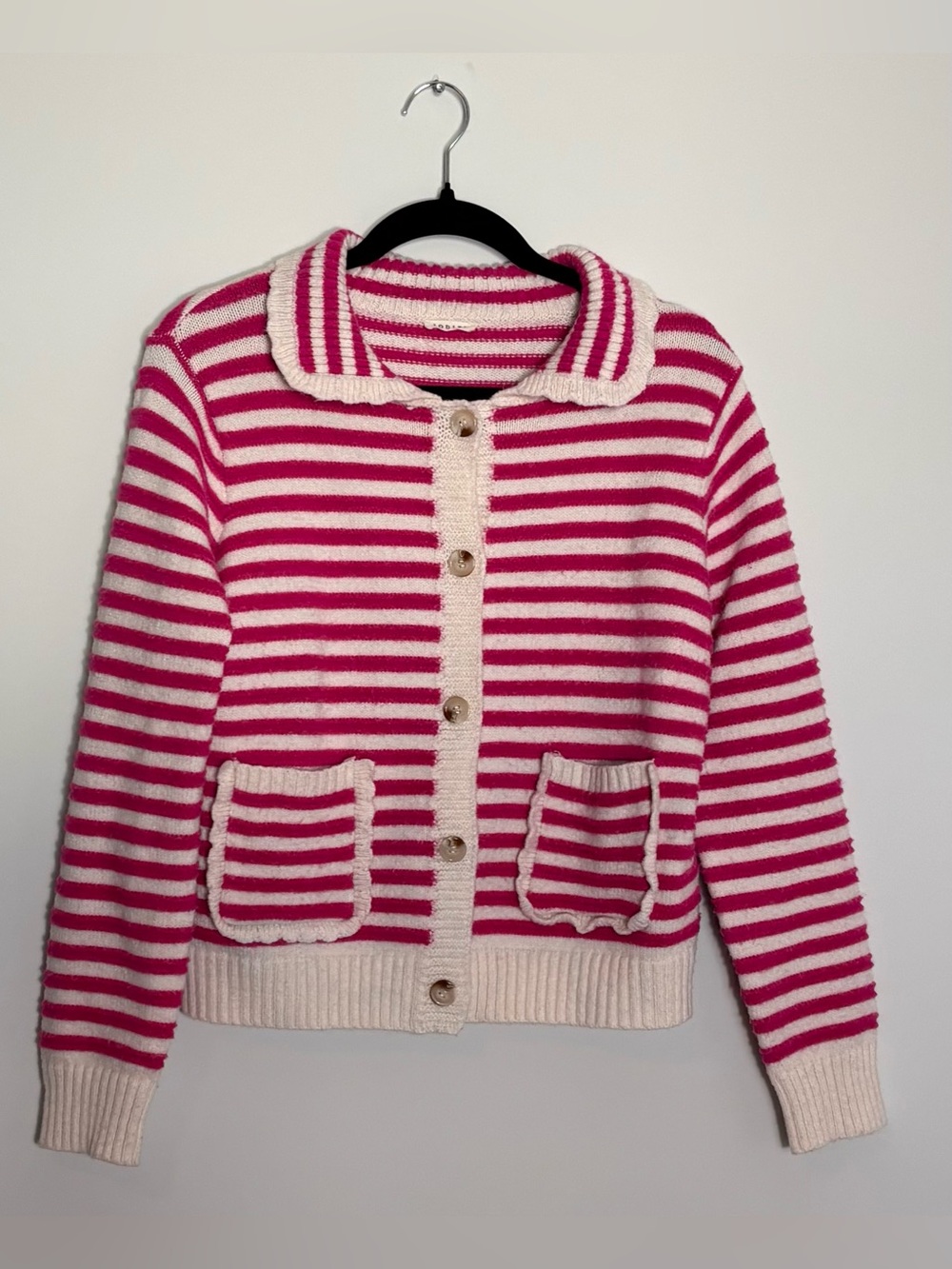 Jodifl Pink & White Striped Collared Button Down Sweater – Size Medium